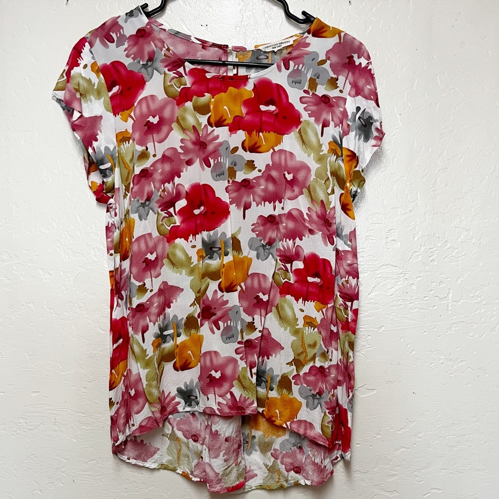 Christian Siriano Floral Pink Lightweight Short Sleeve Blouse Size Large